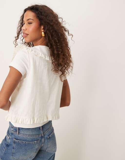 ASOS DESIGN linen look frill collar vest in ivory