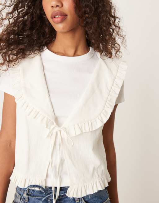 ASOS DESIGN linen look frill collar vest in ivory