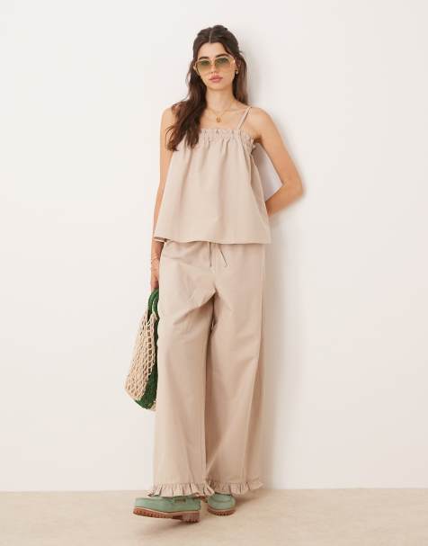 ASOS DESIGN linen look frill hem pull on pants in ecru - view 1