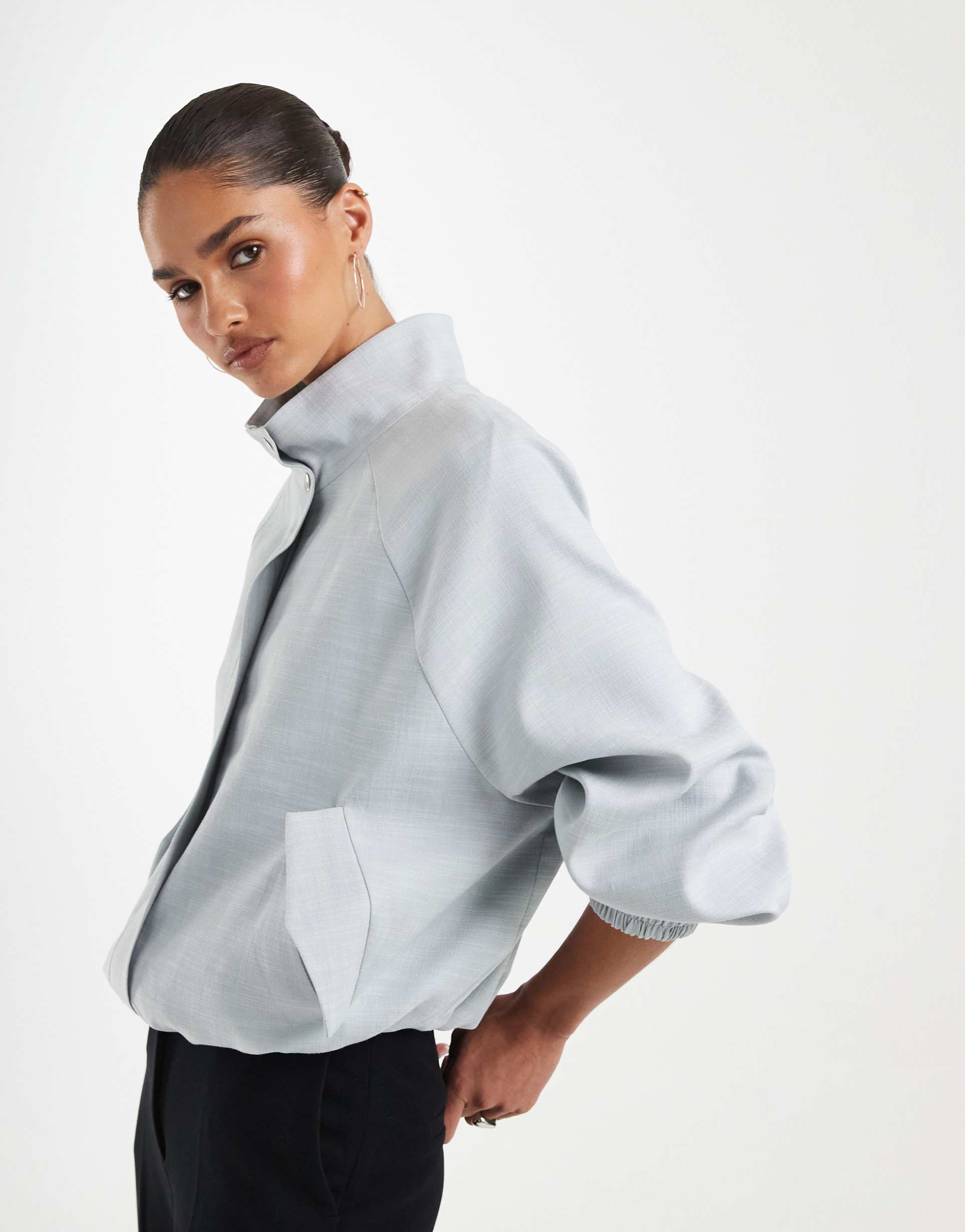 asos design linen look funnel neck jacket in baby blue
