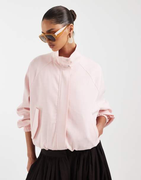ASOS DESIGN linen look funnel neck jacket in baby pink - view 1