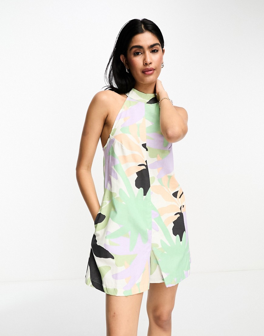 ASOS DESIGN linen look halter a line playsuit in abstract tropical print-Multi