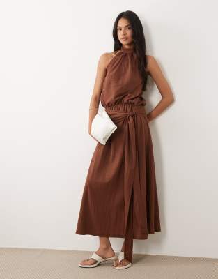 Asos Design Linen Look Halter Neck Bubble Hem Maxi Dress In Brown