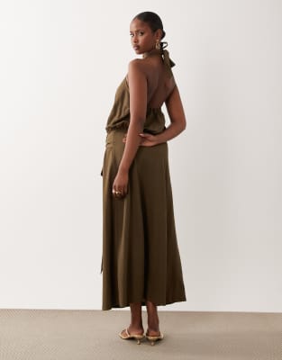 Asos Design Linen Look Halter Neck Bubble Hem Maxi Dress In Brown