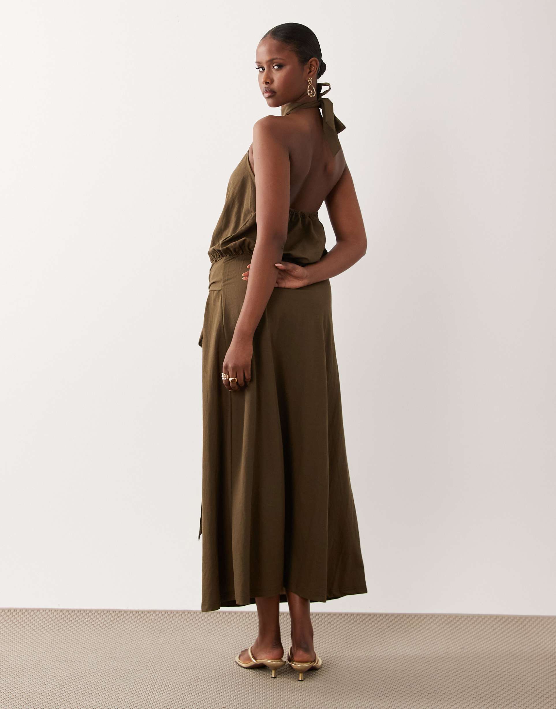 asos design linen look halter neck bubble hem maxi dress in khaki