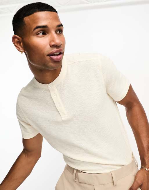 ASOS DESIGN linen look henley t shirt in ecru