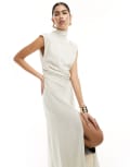 [ASOS DESIGN] ASOS DESIGN linen look high neck grown on sleeve midi dress with open back and button neck detail in oatmeal-Neutral 18 Oatmeal