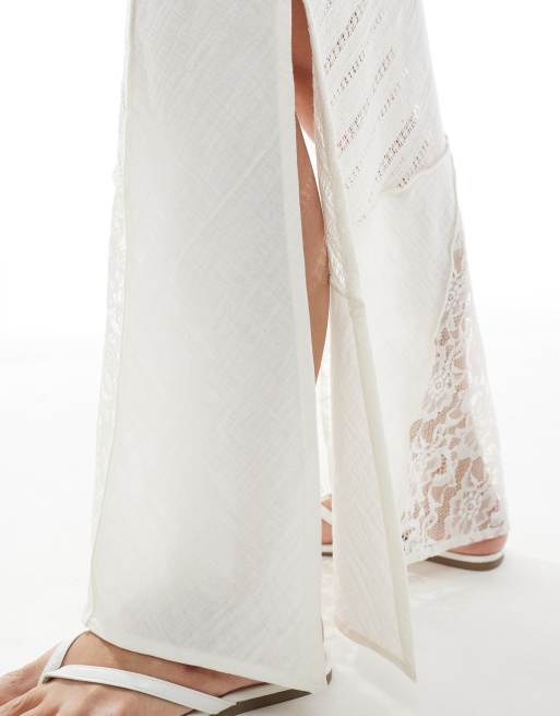 ASOS DESIGN linen look & lace patchwork maxi skirt in cream, 3 of 5