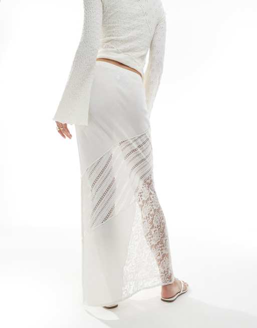 ASOS DESIGN linen look & lace patchwork maxi skirt in cream, 5 of 5