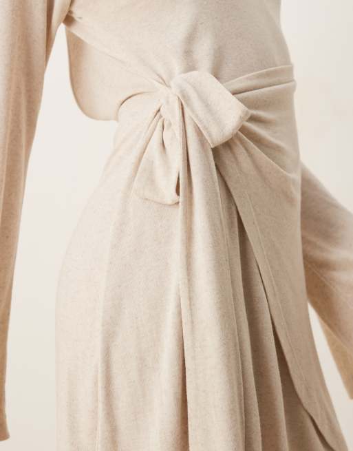 ASOS DESIGN linen look long sleeve wrap detail mini dress in ivory