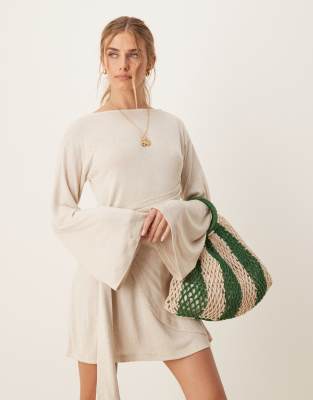 ASOS Design Linen Look Long Sleeve Wrap Detail Mini Dress in ivory-White