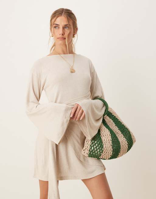 ASOS DESIGN linen look long sleeve wrap detail mini dress in ivory