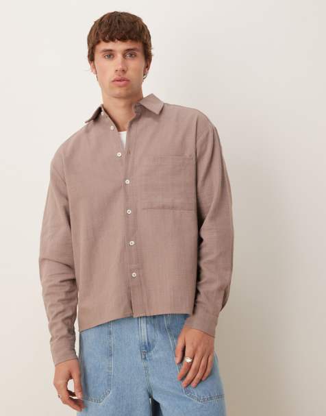 ASOS DESIGN linen look long sleeved oversized shirt in  brown - view 1