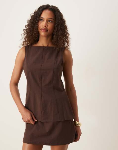 ASOS DESIGN linen look longline top in chocolate (part of a set) - view 1
