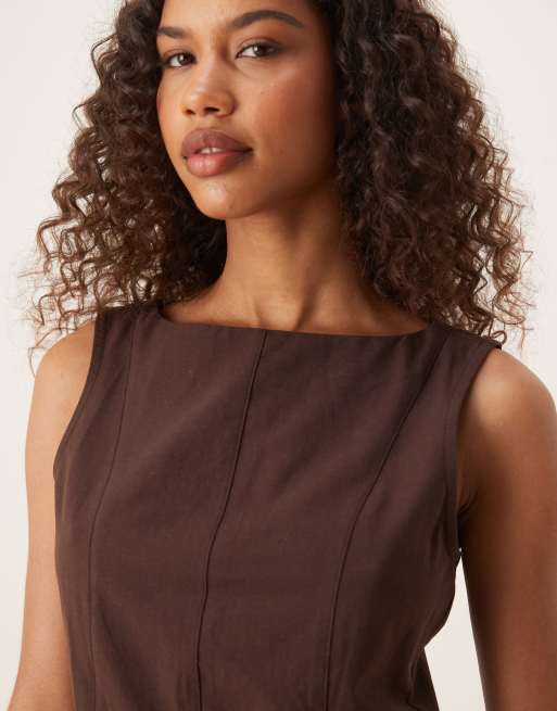 ASOS DESIGN linen look longline top in chocolate (part of a set), 4 of 4
