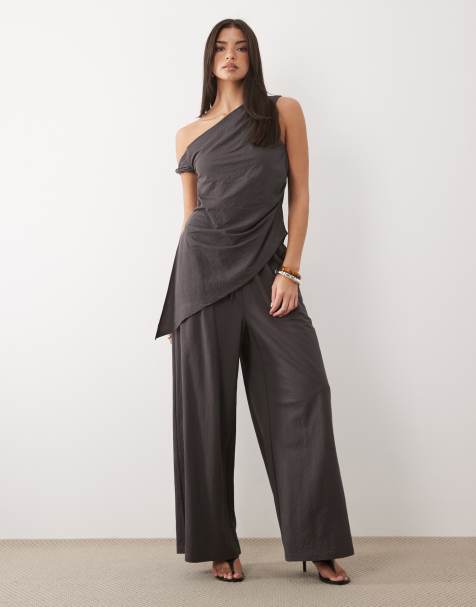 ASOS DESIGN linen look longline top with asymmetric hem in charcoal gray - part of a set - view 1