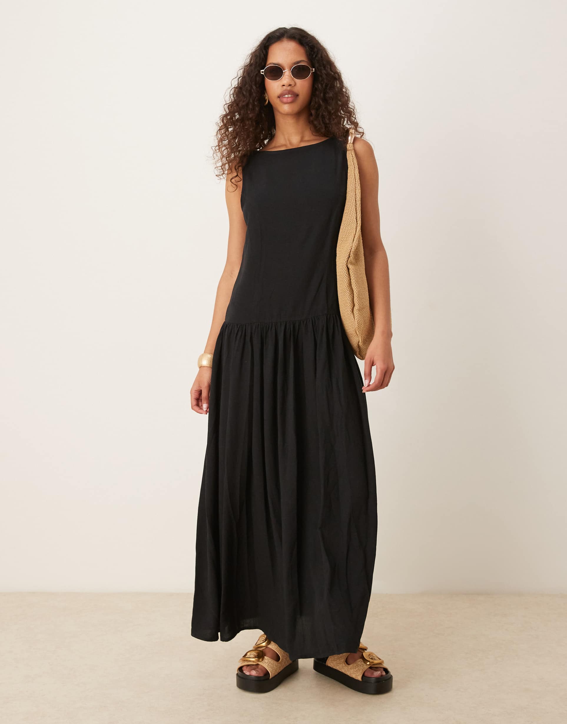asos design linen look low back drop waist maxi dress in black