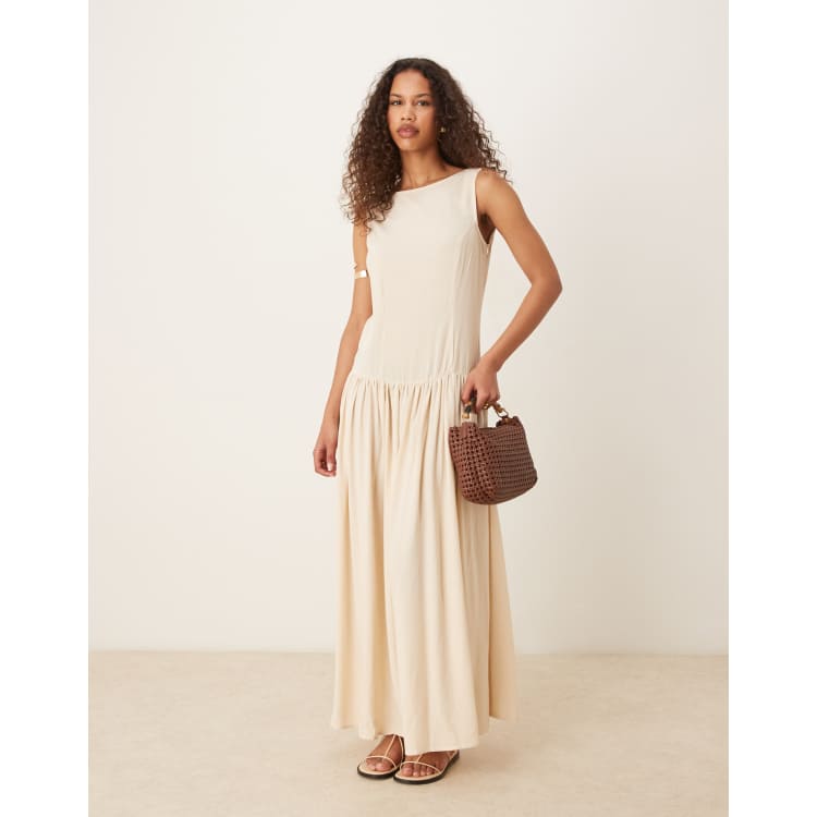 asos beige maxi dress ASOS DESIGN linen look low back dropped waist maxi dress in beige