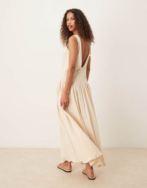 ASOS DESIGN linen look low back dropped waist maxi dress in beige