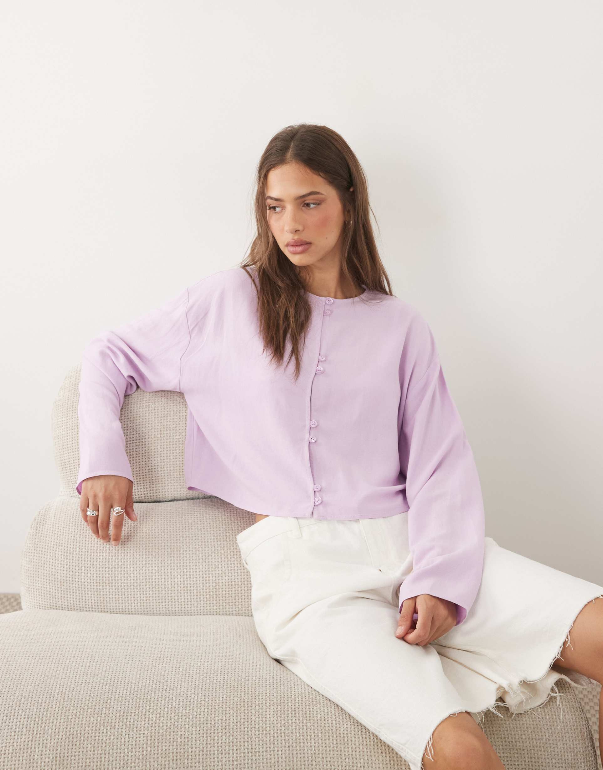 asos design linen look mandarin style blouse in blush pink - part of a set