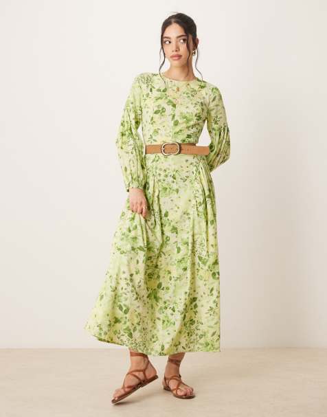 ASOS DESIGN linen look maxi dress with voile godets in green floral print - view 1