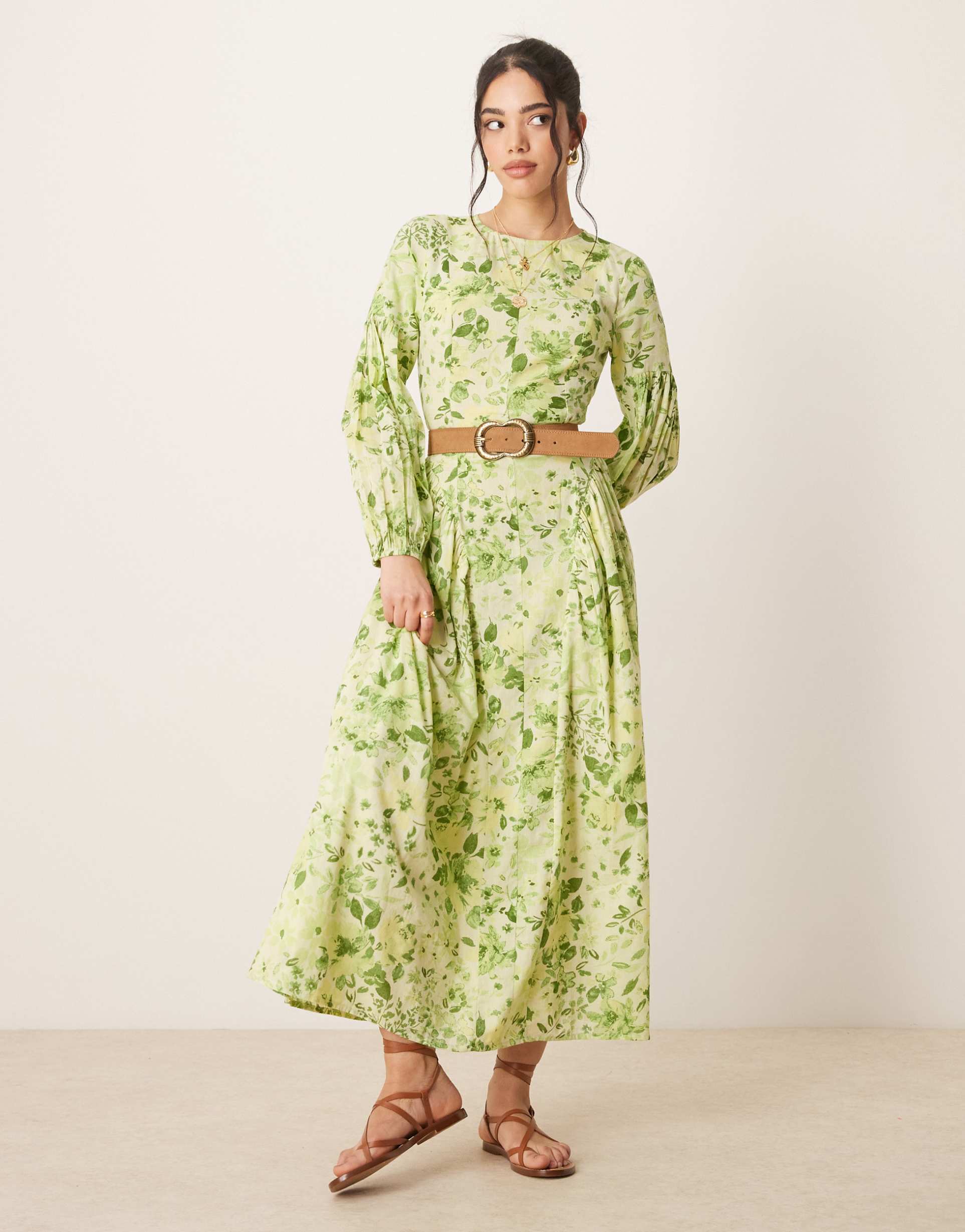 asos design linen look maxi dress with voile godets in green floral print