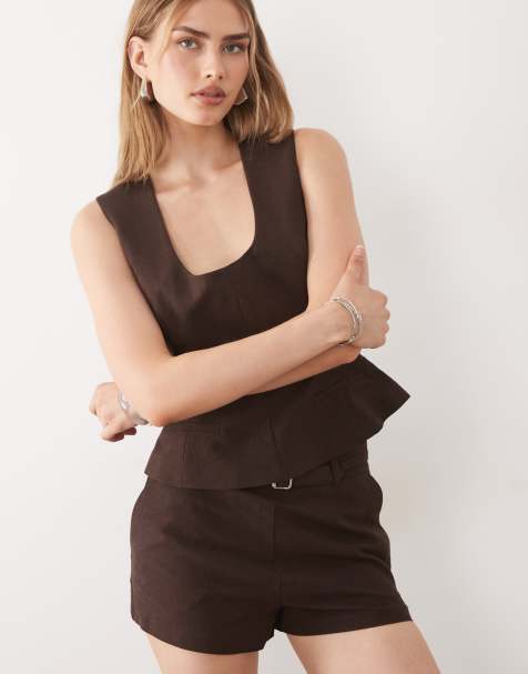 ASOS DESIGN linen look micro shorts with belt in brown - part of a set - view 1