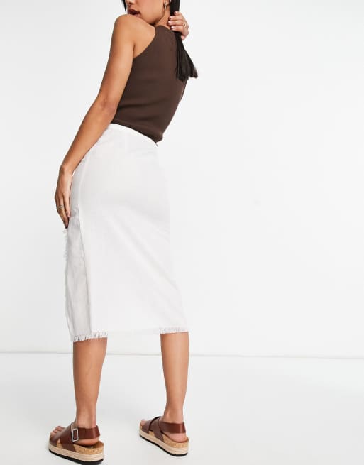 ASOS DESIGN linen look midi skirt with raw edge and button detail in white