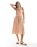 [ASOS DESIGN] ASOS DESIGN linen look natural button through midi dress with pockets in biscuit-Neutral M Terracotta