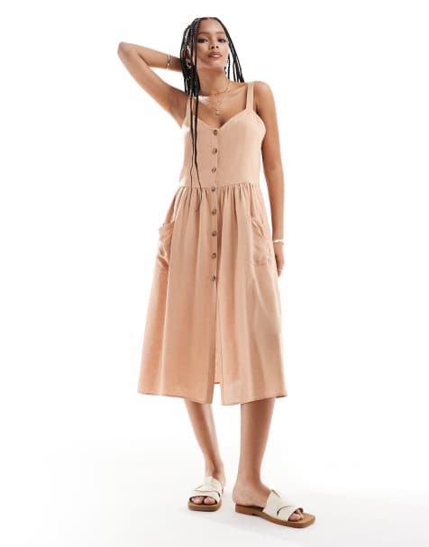 ASOS DESIGN linen look natural button up midi dress with pockets in biscuit - view 1