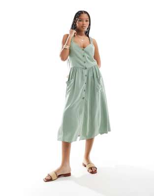 linen look natural button up midi dress with pockets in sage-Green