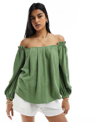 ASOS DESIGN linen look off shoulder pleated top in khaki