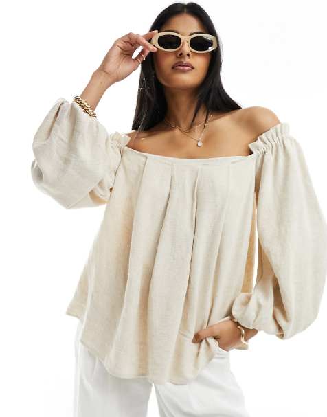 ASOS DESIGN linen look off shoulder pleated top in natural - view 1