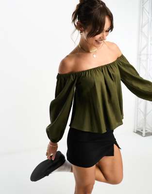 ASOS DESIGN linen look off shoulder top in olive