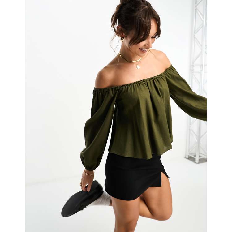 ASOS DESIGN linen look off shoulder top in olive