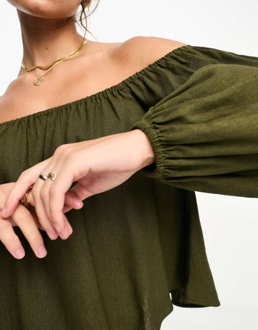 ASOS DESIGN linen look off shoulder top in olive