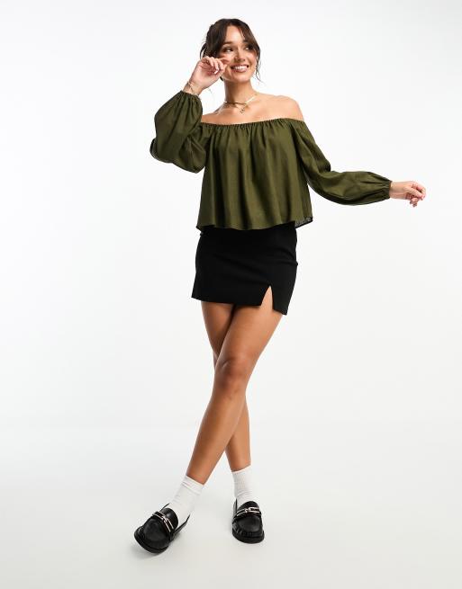 ASOS DESIGN linen look off shoulder top in olive