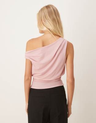 Asos Design Linen Look One Shoulder Drape Top In Pink