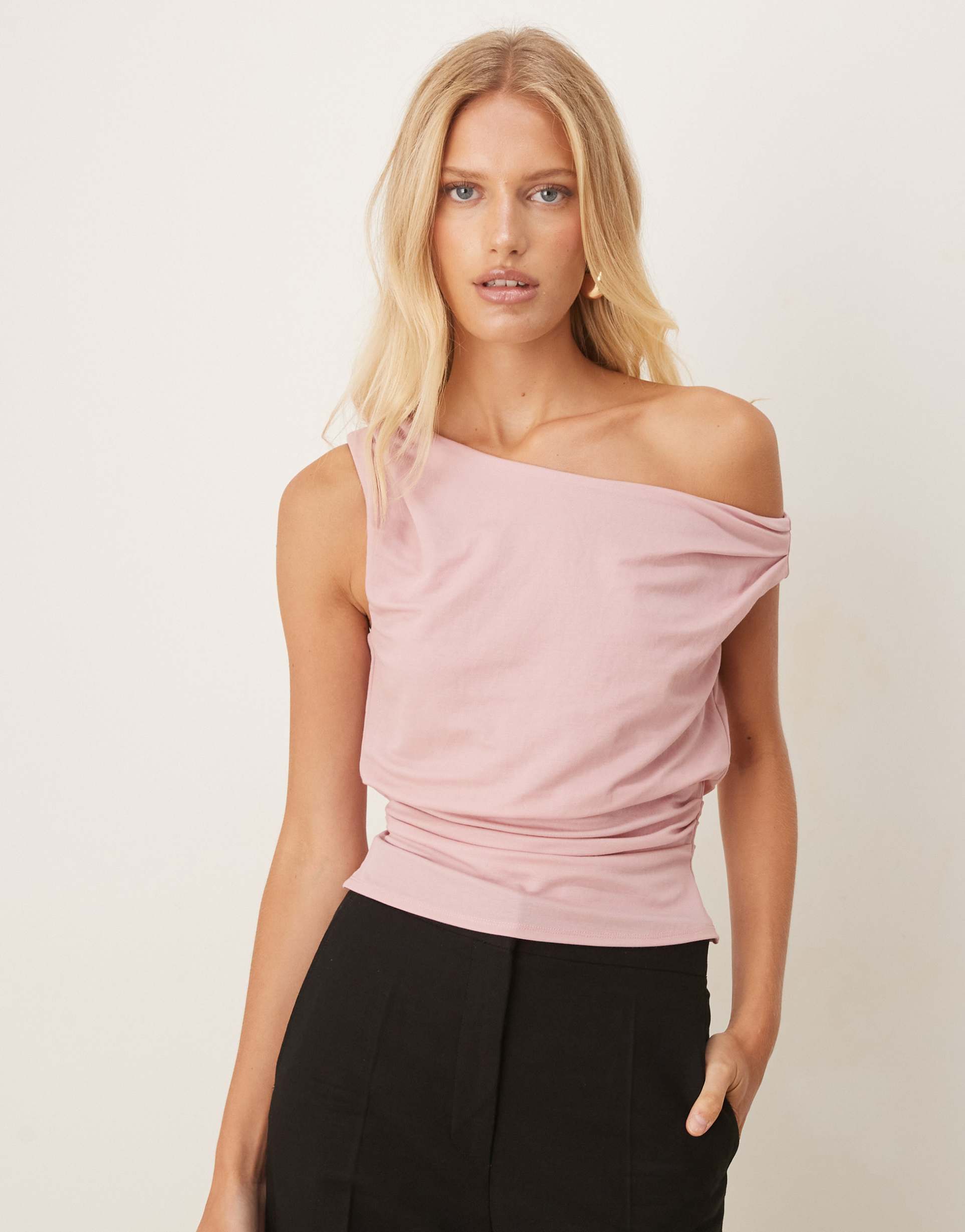 asos design linen look one-shoulder draped top in pink