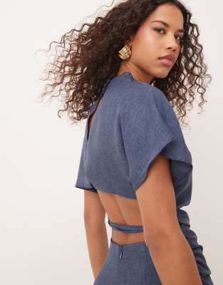 ASOS DESIGN LINEN LOOK OPEN BACK AND RUCHED DETAIL JUMPSUIT 