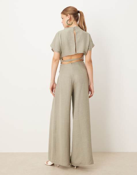 ASOS DESIGN linen look open back and ruched detail jumpsuit in sage green - view 1