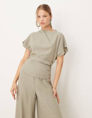 Asos Design Linen Look Open Back And Ruched Detail Jumpsuit In Green