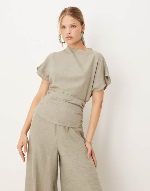 ASOS DESIGN linen look open back and ruched detail jumpsuit in sage green