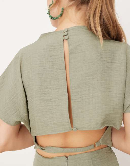 ASOS DESIGN linen look open back and ruched detail jumpsuit in sage green, 3 of 4