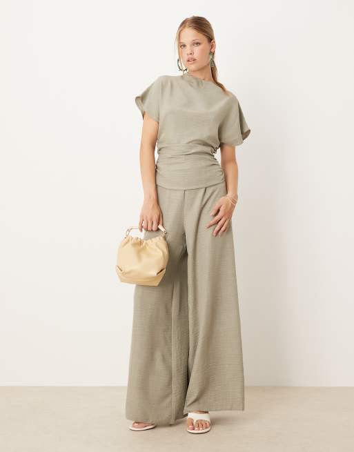 ASOS DESIGN linen look open back and ruched detail jumpsuit in sage green