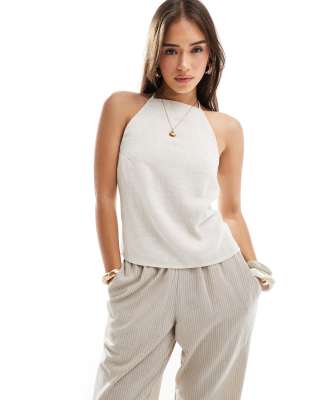 linen-look open back cami top in oatmeal-Neutral