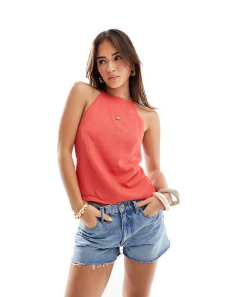 ASOS DESIGN linen look open back cami top in red - view 1