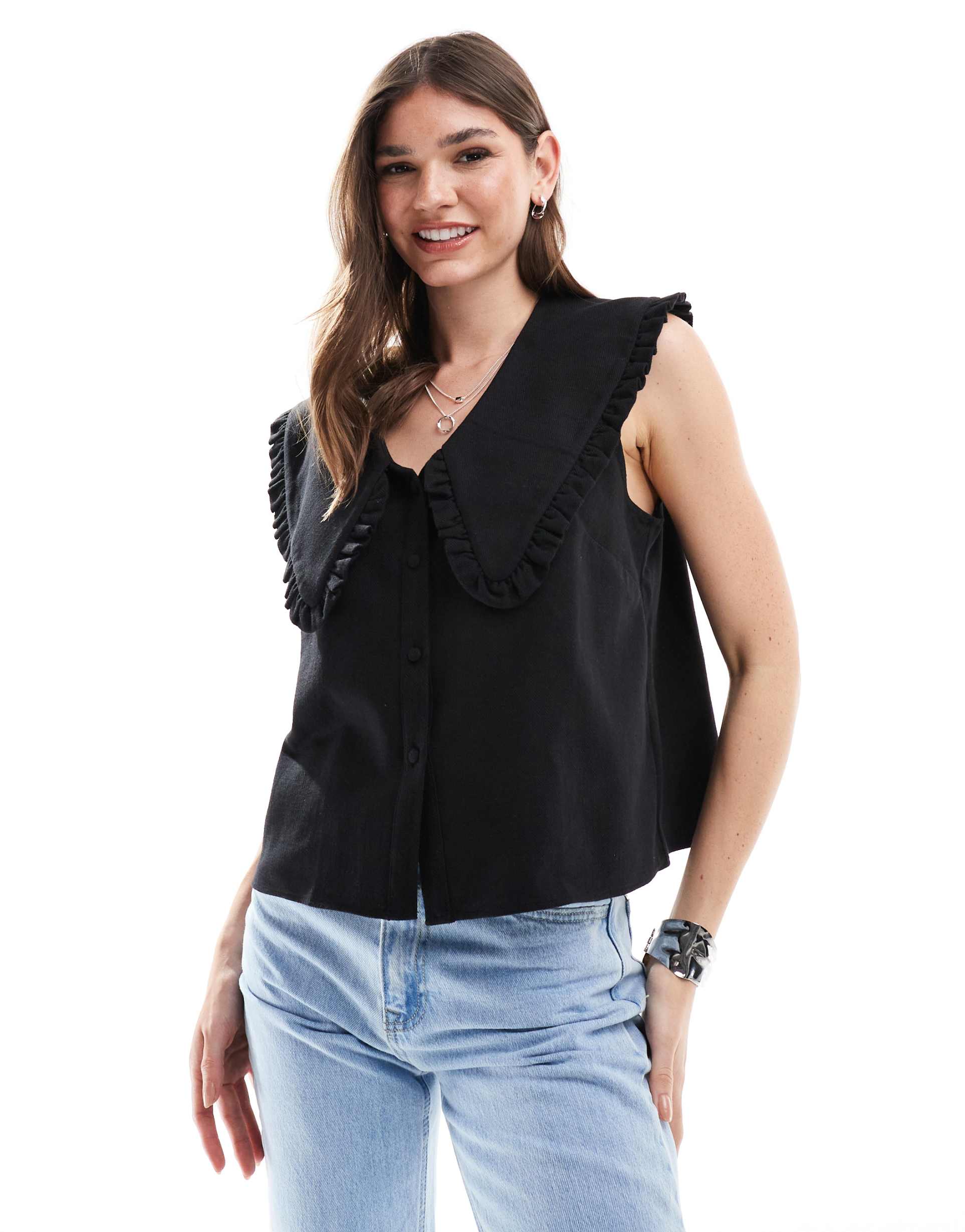 asos design linen look oversized collar detail top in black