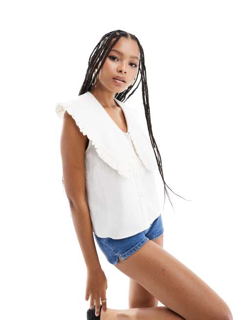 ASOS DESIGN linen look oversized collar detail top in cream