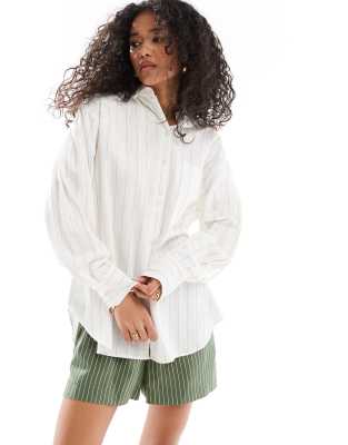 linen look oversized shirt in natural stripe-Neutral